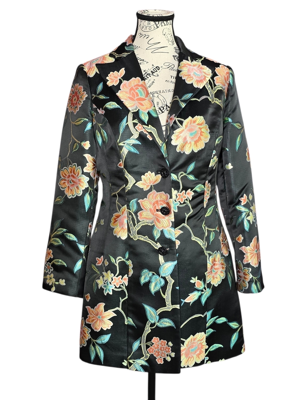 Nanette Lepore Black Floral Embroidered Satin Trench Coat 4 Small